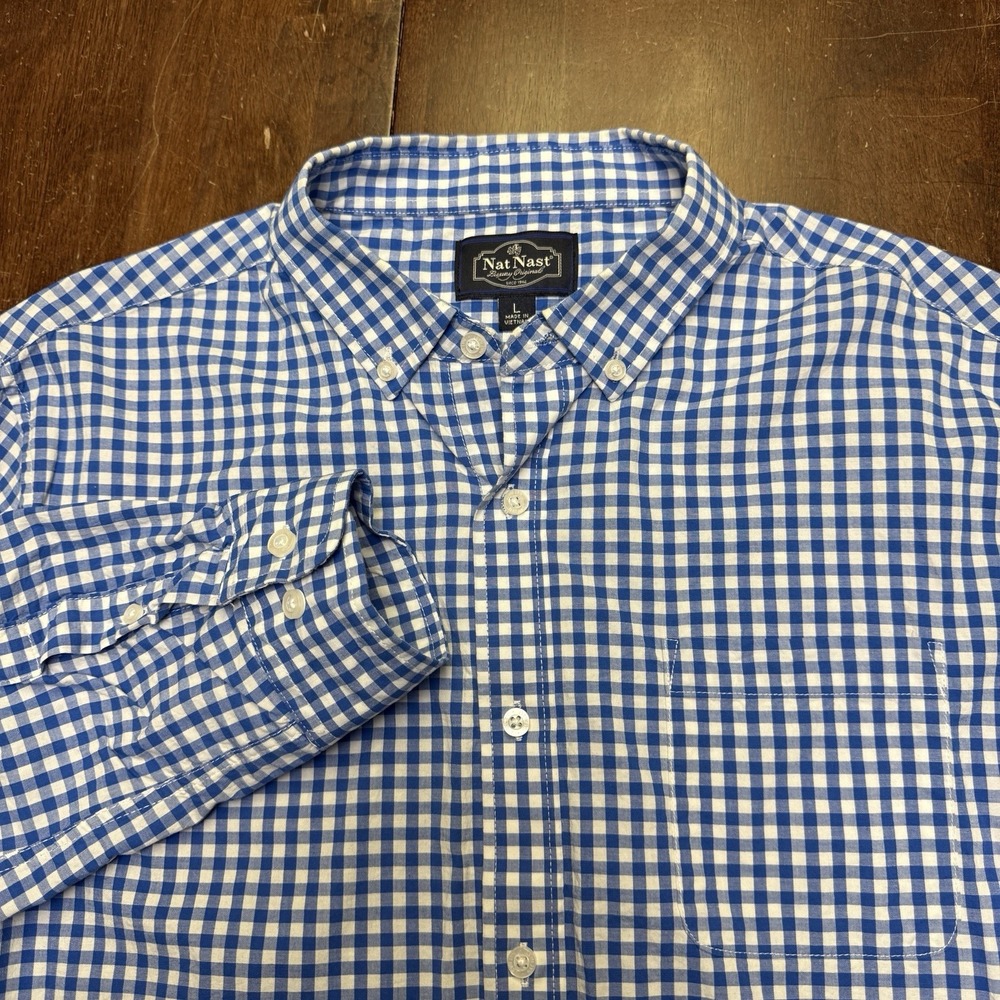 Nat Nast Mens Button Shirt L Blue Gingham Check Long Sleeve Pocket Cotton Preppy